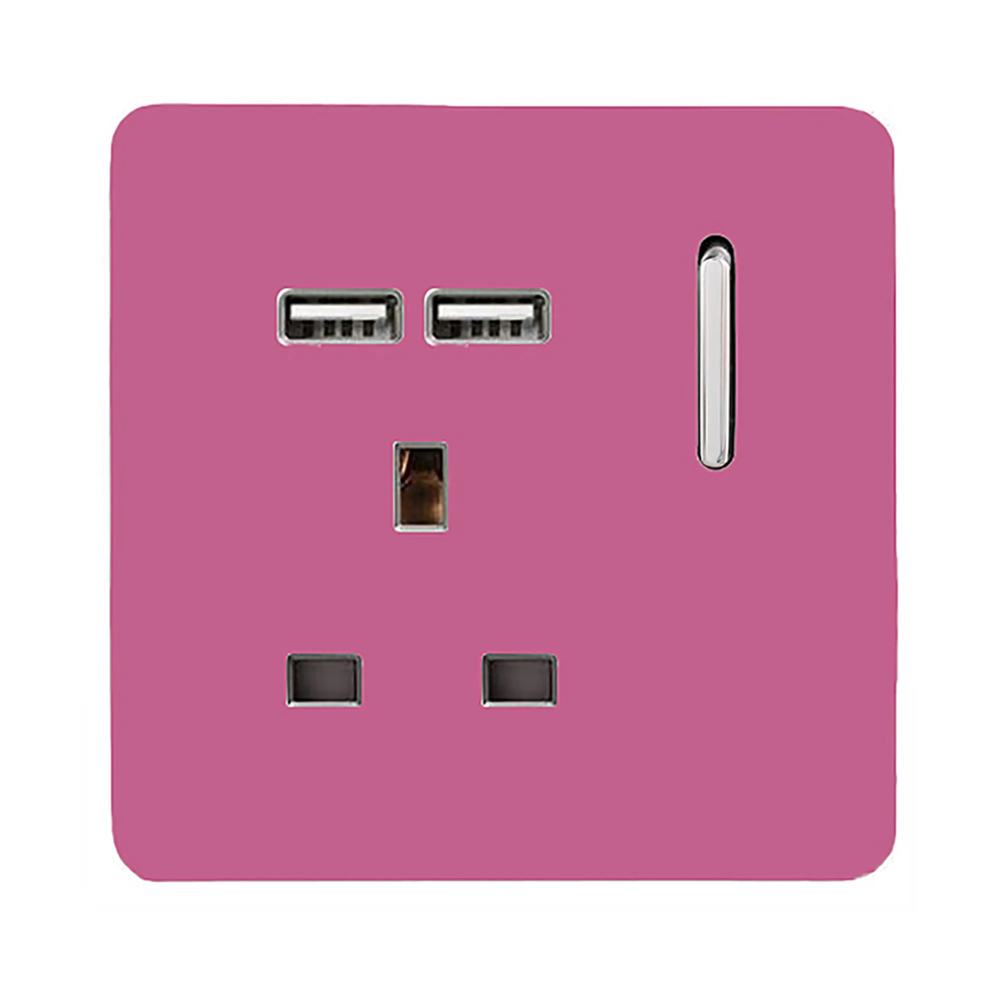 1 Gang 13Amp Switched Single Socket With 2 x USB Pink